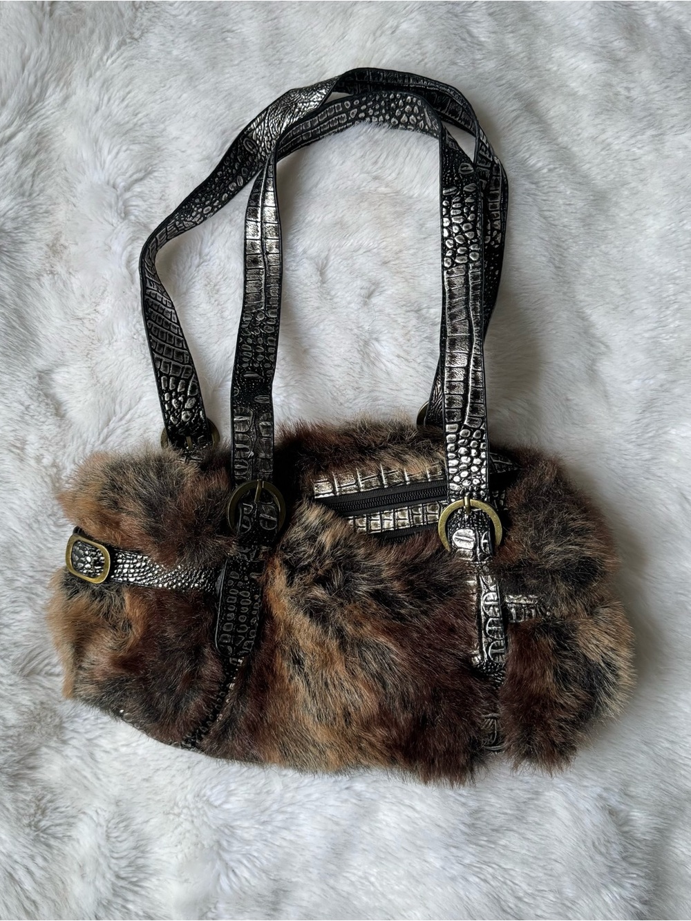 Faux Fur Brown Shoulder Bag with Croc-Texture Straps